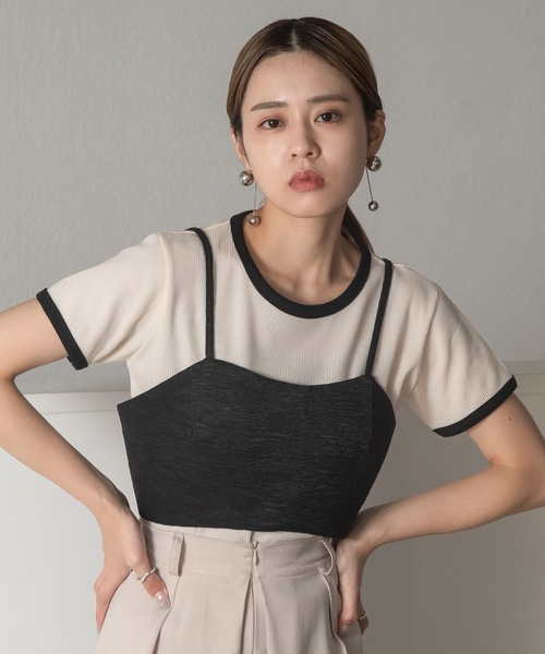 lawgy(ラウジー)の「fake waffle bi color t shirt(Tシャツ/カットソー・レディース・ブラック/アイボリー・FREE)」の4枚目の写真