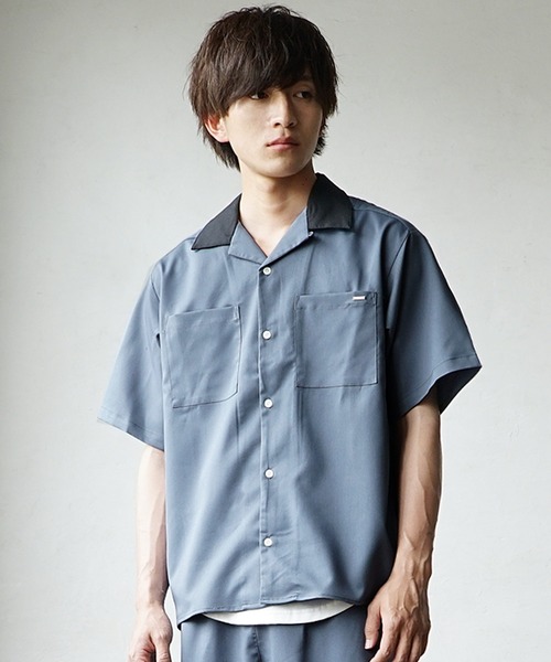 新品 Lサイズ クレリック オープンカラー 半袖 シャツ 3015 54 ベージュ×黒 BEIGE BLACK オーバーサイズ ビッグサイズ ドロップショルダー メンズ オープンカラー オーバーサイズ バック刺繍 オープン クレリックオープンカラードレープシャツ