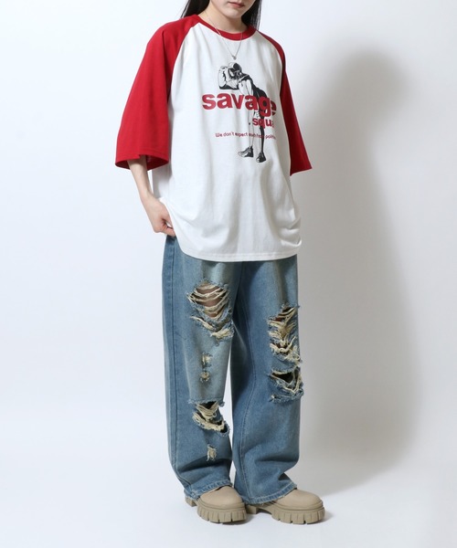 Salong hameu(サロン ハミュー)の「ハードダメージ ワイドストレート デニムパンツ オーバーダイ加工 ユニセックス(デニムパンツ・メンズ・ブルー/ブラック・M/L/S)」の3枚目の写真