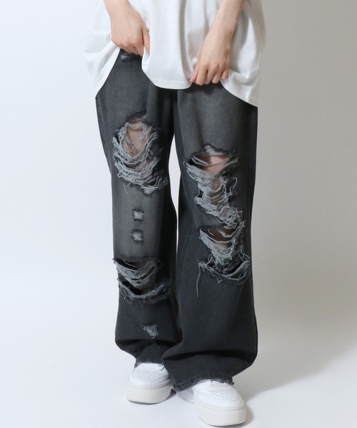 Salong hameu(サロン ハミュー)の「ハードダメージ ワイドストレート デニムパンツ オーバーダイ加工 ユニセックス(デニムパンツ・メンズ・ブルー/ブラック・M/L/S)」の5枚目の写真
