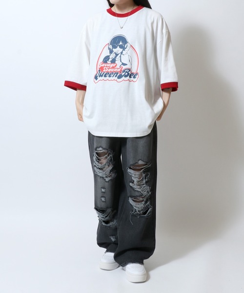 Salong hameu(サロン ハミュー)の「ハードダメージ ワイドストレート デニムパンツ オーバーダイ加工 ユニセックス(デニムパンツ・メンズ・ブルー/ブラック・M/L/S)」の6枚目の写真