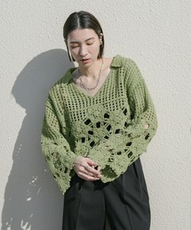 Vネッククロシェショートニット