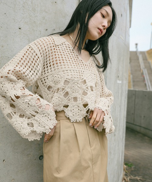 Vネッククロシェショートニット（ニット/セーター）｜select MOCA（セレクトモカ）