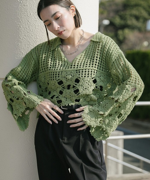 Vネッククロシェショートニット（ニット/セーター）｜select MOCA（セレクトモカ）