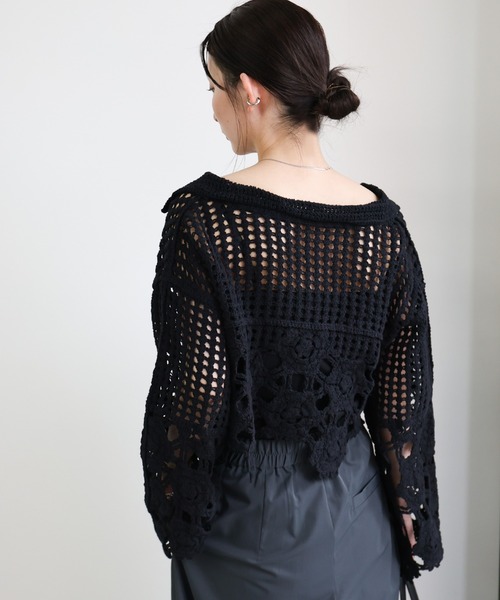 select MOCA（セレクトモカ）の「Vネッククロシェショートニット（ニット/セーター・レディース・ブラック/アイボリー/オリーブ・FREE）」の13枚目の写真