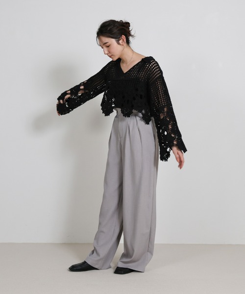 select MOCA（セレクトモカ）の「Vネッククロシェショートニット（ニット/セーター・レディース・ブラック/アイボリー/オリーブ・FREE）」の18枚目の写真