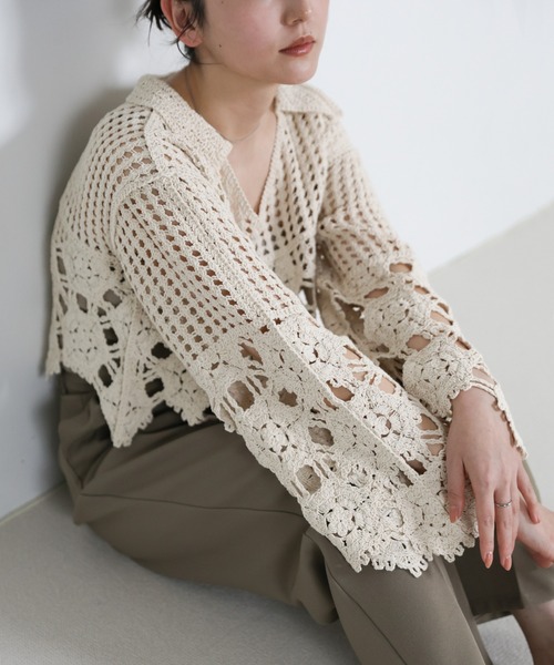 select MOCA（セレクトモカ）の「Vネッククロシェショートニット（ニット/セーター・レディース・ブラック/アイボリー/オリーブ・FREE）」の22枚目の写真