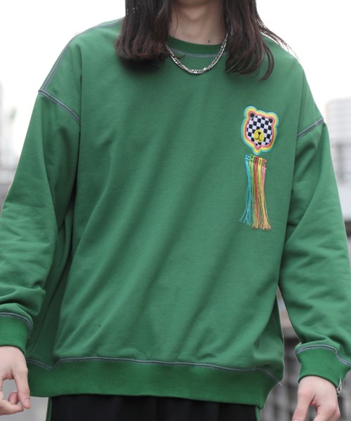 HOOK（フック）の「HOOK -original-　ブロックベアワッペン刺繍レインボーフリンジ飾りステッチスウェット（スウェット・メンズ・グリーン/ネイビー/パープル/ブラック・XL/M/L）」の3枚目の写真
