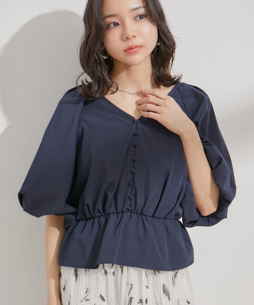 VIS（ビス）の「バルーンスリーブVネックブラウス（シャツ/ブラウス・レディース・ホワイト系その他5/グリーン系その他/ネイビー・FREE）」の3枚目の写真