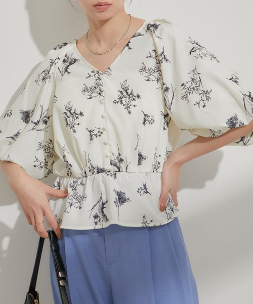 VIS（ビス）の「バルーンスリーブVネックブラウス（シャツ/ブラウス・レディース・ホワイト系その他5/グリーン系その他/ネイビー・FREE）」の2枚目の写真