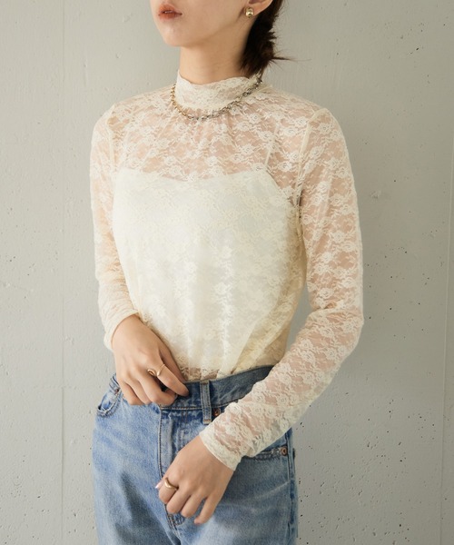 MAISON BREEZE reveur(メゾンブリーズレヴール)の「【MAISON BREEZE reveur】high neck flower lace tops ハイネック フラワーレース シアートップス(Tシャツ/カットソー・レディース・アイボリー/ブラック/サックスブルー・FREE)」の6枚目の写真