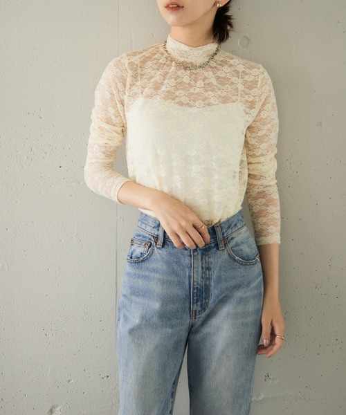 MAISON BREEZE reveur(メゾンブリーズレヴール)の「【MAISON BREEZE reveur】high neck flower lace tops ハイネック フラワーレース シアートップス(Tシャツ/カットソー・レディース・アイボリー/ブラック/サックスブルー・FREE)」の7枚目の写真