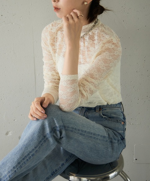 MAISON BREEZE reveur(メゾンブリーズレヴール)の「【MAISON BREEZE reveur】high neck flower lace tops ハイネック フラワーレース シアートップス(Tシャツ/カットソー・レディース・アイボリー/ブラック/サックスブルー・FREE)」の8枚目の写真