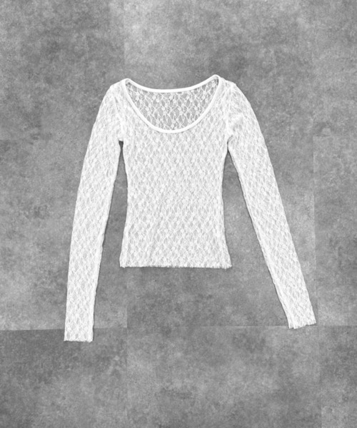 LVEU.(ラブユ.)の「【LVEU.】レースワンショルトップス / カットソー レイヤード シアー 長袖 Uネック タイト コンパクト ショート クロップド ブラック ホワイト(Tシャツ/カットソー・レディース・ホワイト/ブラック・FREE)」の21枚目の写真