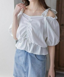 シアーチェックフロントギャザー半袖ブラウス［着回し力抜群 大人 カジュアル］≪再入荷≫