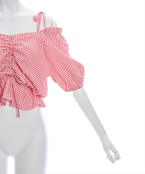 clear（クリア）の「シアーチェックフロントギャザー半袖ブラウス［着回し力抜群 大人 カジュアル］≪再入荷≫（シャツ/ブラウス・レディース・レッド/ネイビー/オフホワイト・F）」の7枚目の写真