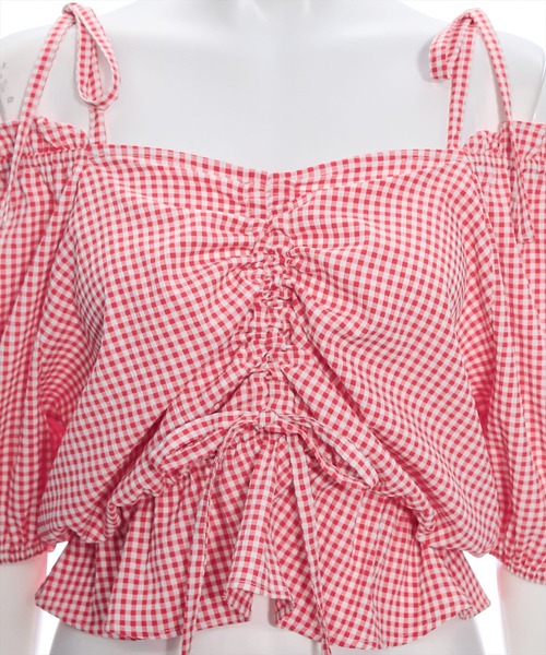 clear（クリア）の「シアーチェックフロントギャザー半袖ブラウス［着回し力抜群 大人 カジュアル］≪再入荷≫（シャツ/ブラウス・レディース・レッド/ネイビー/オフホワイト・F）」の6枚目の写真