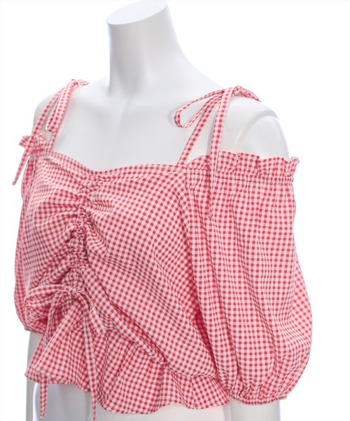 clear（クリア）の「シアーチェックフロントギャザー半袖ブラウス［着回し力抜群 大人 カジュアル］≪再入荷≫（シャツ/ブラウス・レディース・レッド/ネイビー/オフホワイト・F）」の5枚目の写真