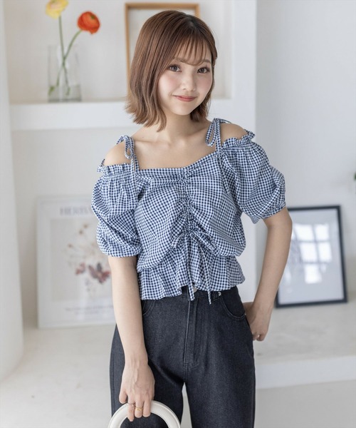 clear（クリア）の「シアーチェックフロントギャザー半袖ブラウス［着回し力抜群 大人 カジュアル］≪再入荷≫（シャツ/ブラウス・レディース・レッド/ネイビー/オフホワイト・F）」の12枚目の写真