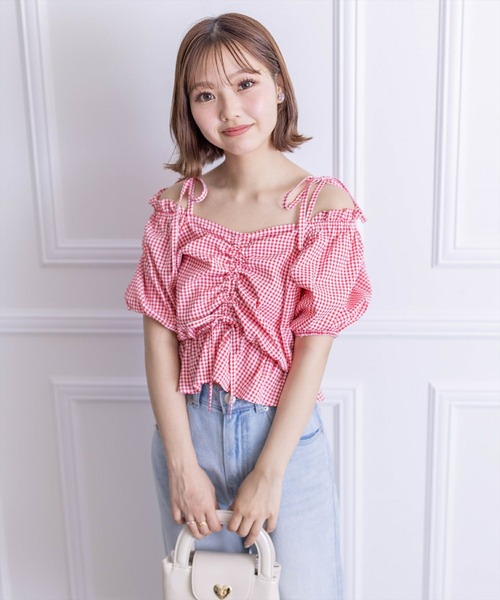 clear（クリア）の「シアーチェックフロントギャザー半袖ブラウス［着回し力抜群 大人 カジュアル］≪再入荷≫（シャツ/ブラウス・レディース・レッド/ネイビー/オフホワイト・F）」の15枚目の写真
