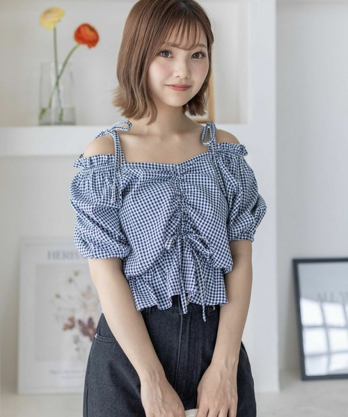 clear（クリア）の「シアーチェックフロントギャザー半袖ブラウス［着回し力抜群 大人 カジュアル］≪再入荷≫（シャツ/ブラウス・レディース・レッド/ネイビー/オフホワイト・F）」の22枚目の写真