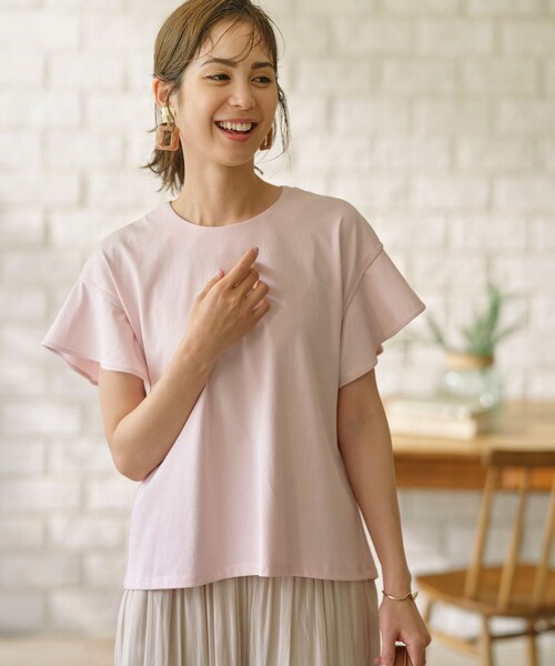組曲(クミキョク)の「GIZAプレーティング天竺フリルスリーブ Tシャツ(Tシャツ/カットソー・レディース・ブラウン系/アイボリー系/ブラック系/ピンク系・2/3)」の6枚目の写真