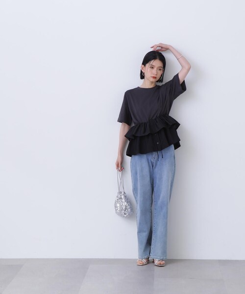 N.（N. Natural Beauty Basic）（エヌエヌナチュラルビューティーベーシック）の「◆異素材ペプラムトップ（Tシャツ/カットソー・レディース・オフホワイト/ブラック・MEDIUM）」の10枚目の写真