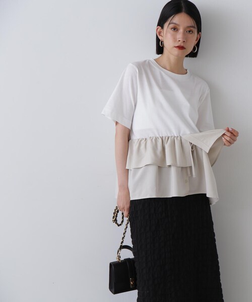 N.（N. Natural Beauty Basic）（エヌエヌナチュラルビューティーベーシック）の「◆異素材ペプラムトップ（Tシャツ/カットソー・レディース・オフホワイト/ブラック・MEDIUM）」の7枚目の写真