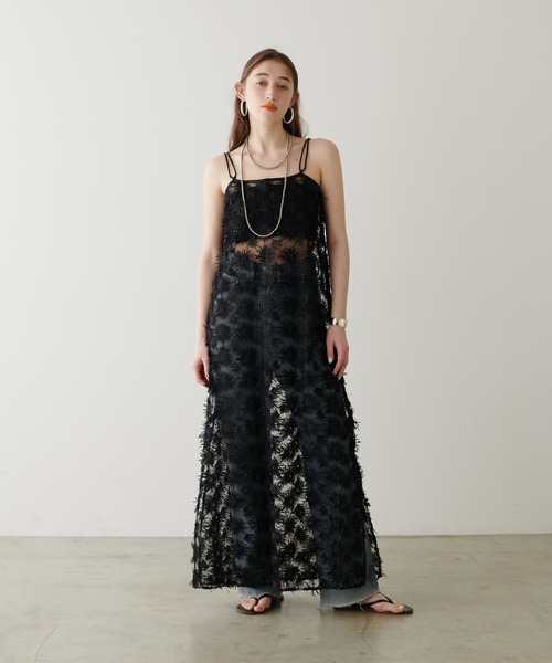 美品✨フランス製　FAS フェアリーワンピース　レース　プリーツ　フリンジ　黒 レース×シフォンドレス風ワンピース | outlet | axes femme