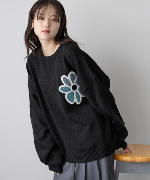 花モチーフ ニットセーター 黒 ネイビー UNISEX】boucle flower motif loose knit/ブークレフラワー