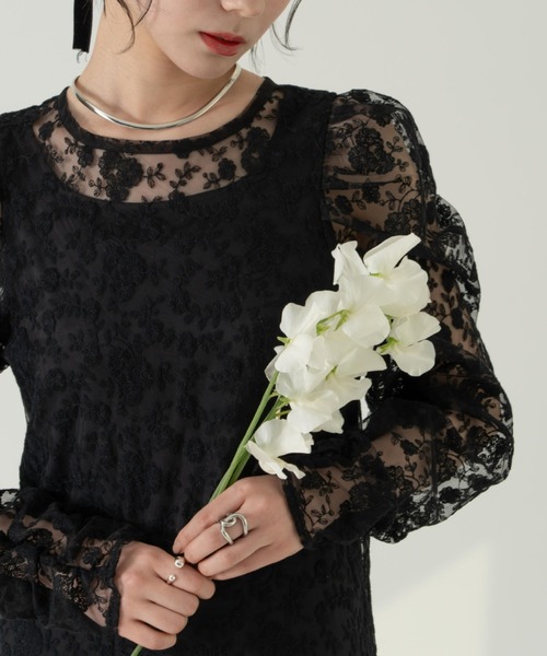 hinari フラワー刺繍チュールレースワンピース　ブラック hinari フラワー刺繍チュールレースワンピース 黒