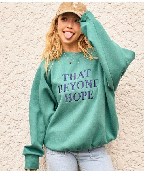 anap mimpi（アナップミンピ）の「裏起毛 ラグラン メッセージ刺繍 スウェット トレーナー（スウェット・レディース・グリーン/キナリ・FREE）」の12枚目の写真