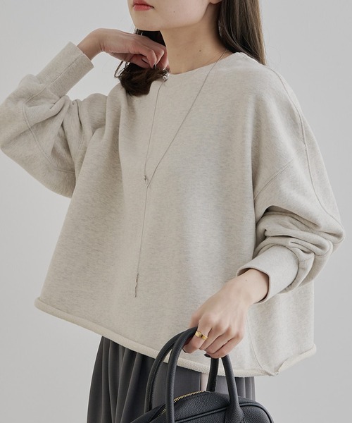 PUAL CE CIN（ピュアルセシン）の「シンプル裏毛スウェットショートプルオーバー（スウェット・レディース・グレー/オフホワイト/サックスブルー/イエロー/オートミール/サーモンピンク・FREE）」の3枚目の写真