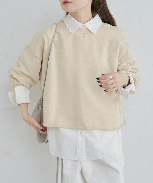 PUAL CE CIN（ピュアルセシン）の「シンプル裏毛スウェットショートプルオーバー（スウェット・レディース・グレー/オフホワイト/サックスブルー/イエロー/オートミール/サーモンピンク・FREE）」の5枚目の写真