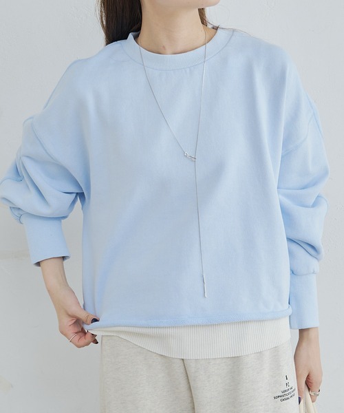 PUAL CE CIN（ピュアルセシン）の「シンプル裏毛スウェットショートプルオーバー（スウェット・レディース・グレー/オフホワイト/サックスブルー/イエロー/オートミール/サーモンピンク・FREE）」の20枚目の写真