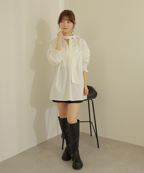 ブラウス シャツ owtie gather blouse /ボウタイ ギャザー オーバーサイズ ブラウス レディース owtie gather blouse /ボウタイ ギャザー オーバーサイズ