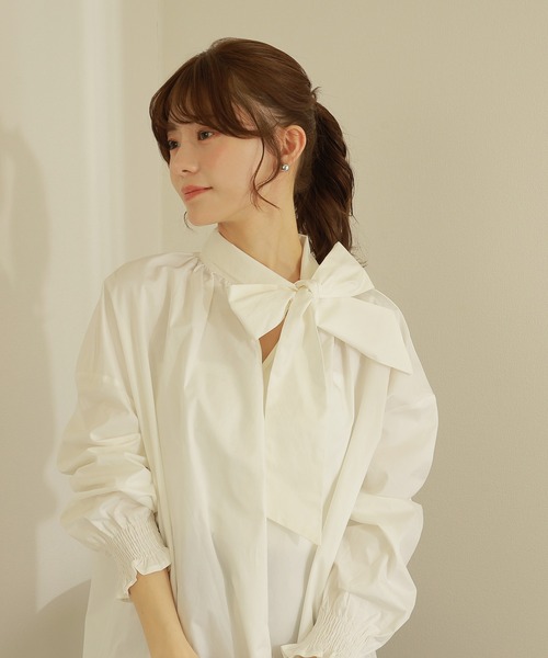 LoveloueRALPH LAUREN ビーズ ホワイト シャツブラウス owtie gather blouse /ボウタイ ギャザー オーバーサイズ