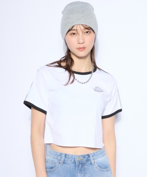 Kappa(カッパ)の「ワンポイント 半袖リンガーTシャツ(Tシャツ/カットソー・レディース・ホワイト/ブルー/ブラック・SMALL/MEDIUM/LARGE)」の1枚目の写真