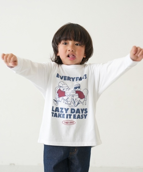 and D. petit main(アンドディープティマイン)の「【365D.】アソートプリント袖リブワイドロンT(Tシャツ/カットソー・キッズ・ホワイト系その他/オレンジ/ライム/ピンク/ブラック/ホワイト/ベージュ/ネイビー・150cm/140cm/130cm/120cm/110cm/90cm/100cm)」の2枚目の写真