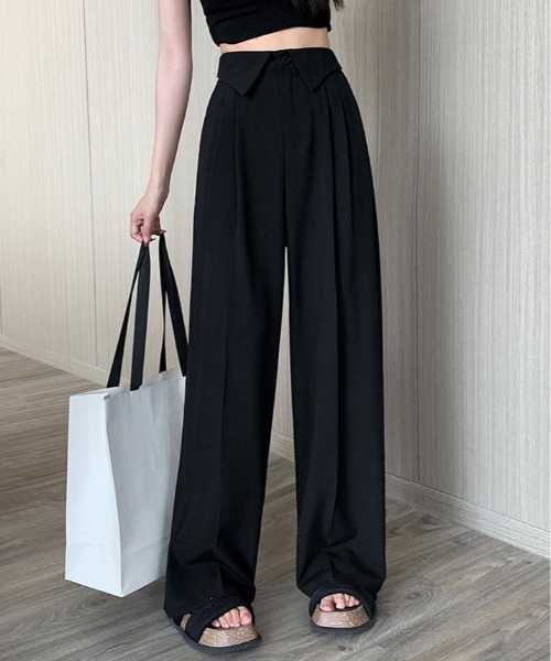 kirakiraShop(キラキラショップ)の「ウエスト折り返し スラックス ツイル パンツ(スラックス・レディース・ブラック/ベージュ/グレー・M/L/XL)」の2枚目の写真