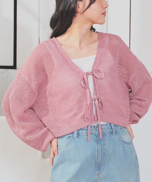 Honeys(ハニーズ)の「メッシュ編リボンカーデ(カーディガン/ボレロ・レディース・ピンク/ライトグリーン/アイボリー/ブラック・L/M/S)」の4枚目の写真