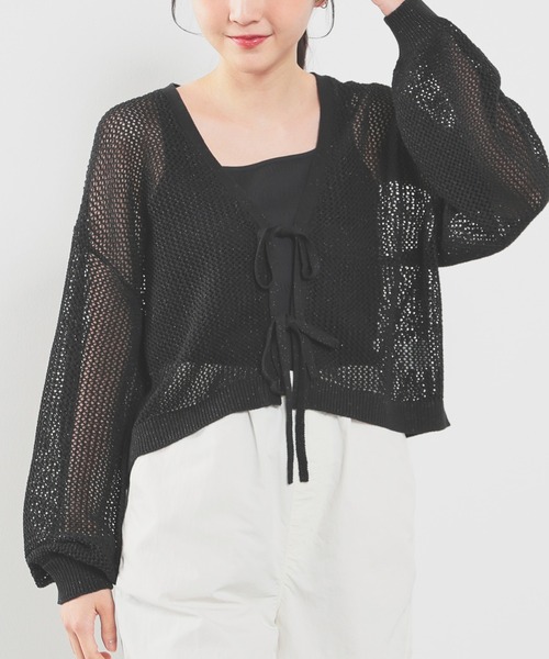 Honeys(ハニーズ)の「メッシュ編リボンカーデ(カーディガン/ボレロ・レディース・ピンク/ライトグリーン/アイボリー/ブラック・L/M/S)」の3枚目の写真