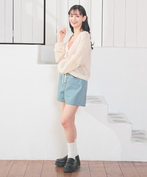 Honeys(ハニーズ)の「メッシュ編リボンカーデ(カーディガン/ボレロ・レディース・ピンク/ライトグリーン/アイボリー/ブラック・L/M/S)」の5枚目の写真