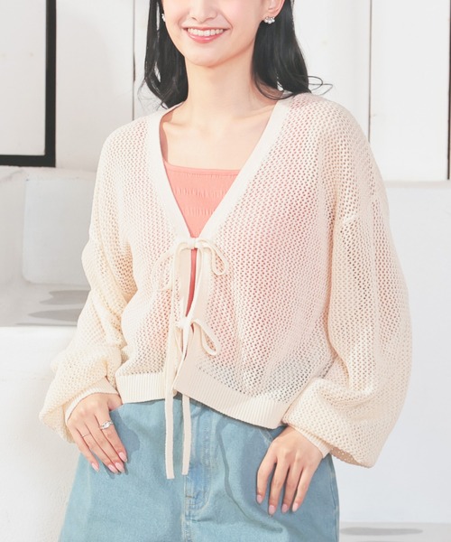 Honeys(ハニーズ)の「メッシュ編リボンカーデ(カーディガン/ボレロ・レディース・ピンク/ライトグリーン/アイボリー/ブラック・L/M/S)」の6枚目の写真