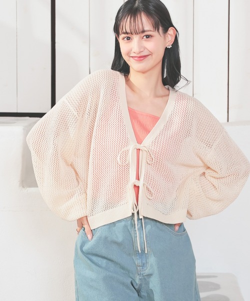 Honeys(ハニーズ)の「メッシュ編リボンカーデ(カーディガン/ボレロ・レディース・ピンク/ライトグリーン/アイボリー/ブラック・L/M/S)」の7枚目の写真