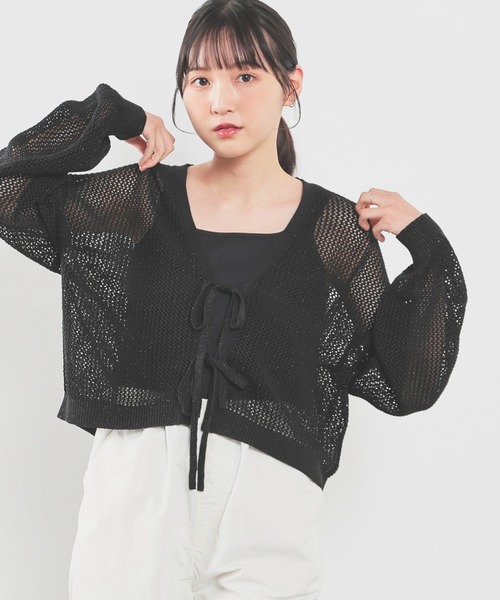 Honeys(ハニーズ)の「メッシュ編リボンカーデ(カーディガン/ボレロ・レディース・ピンク/ライトグリーン/アイボリー/ブラック・L/M/S)」の9枚目の写真