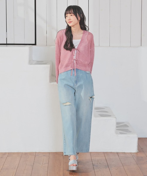 Honeys(ハニーズ)の「メッシュ編リボンカーデ(カーディガン/ボレロ・レディース・ピンク/ライトグリーン/アイボリー/ブラック・L/M/S)」の11枚目の写真