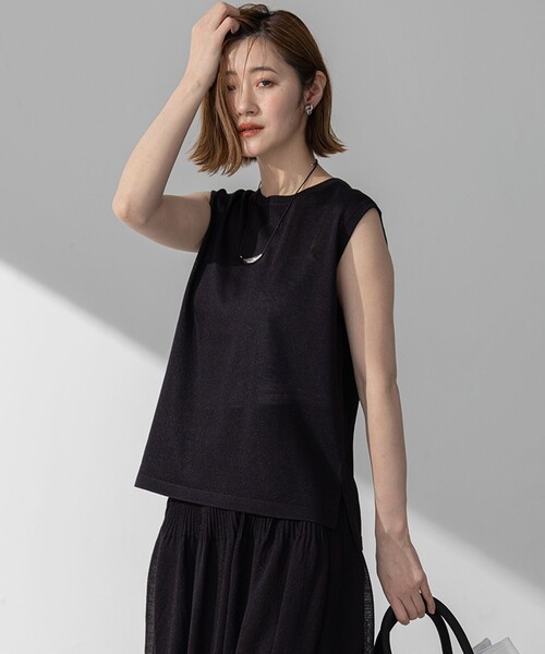 【洗える】シャイニーシアー ノースリーブ ニット