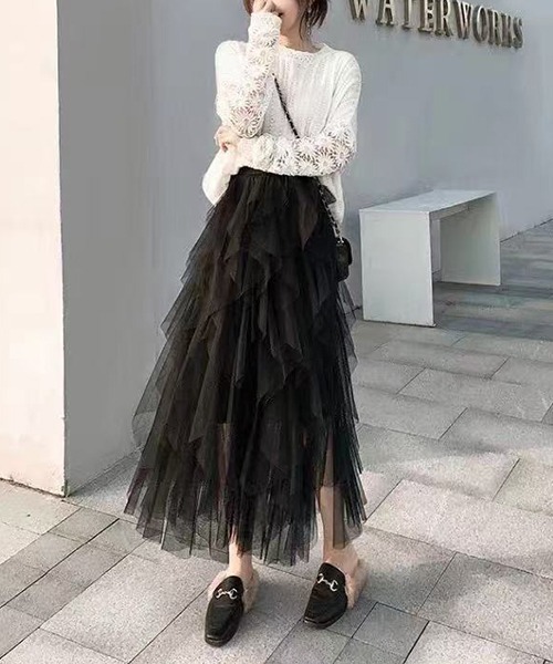 gossip!ロサンゼルス(ゴシップロサンゼルス)の「Y2K フリルスカート ロングカート(スカート・レディース・ブラック/ホワイト/ベージュ・FREE)」の1枚目の写真