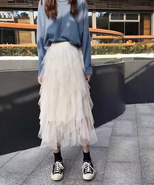 gossip!ロサンゼルス(ゴシップロサンゼルス)の「Y2K フリルスカート ロングカート(スカート・レディース・ブラック/ホワイト/ベージュ・FREE)」の16枚目の写真